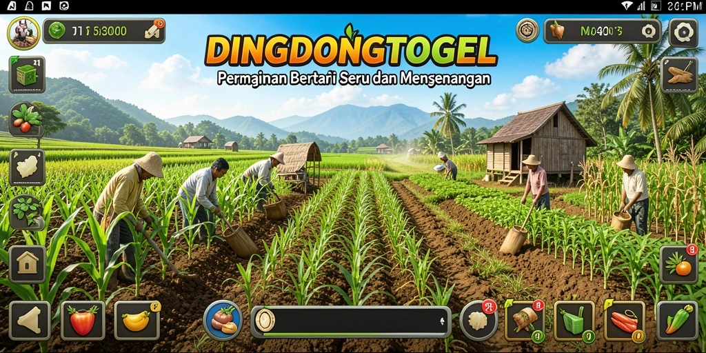 Screenshot gameplay DINGDONGTOGEL menampilkan ladang yang subur dan hewan lucu.