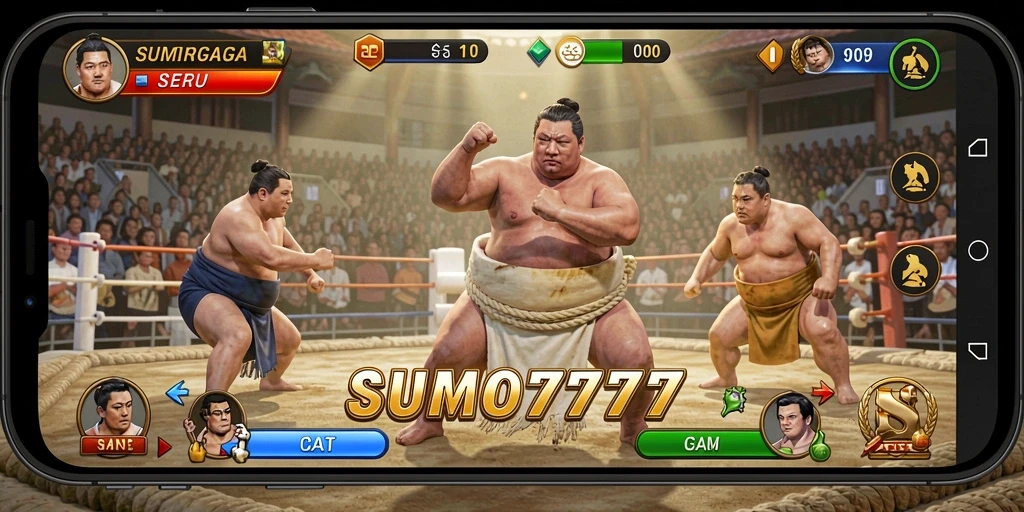 Screenshot gameplay SUMO777 menunjukkan aksi seru di arena sumo.